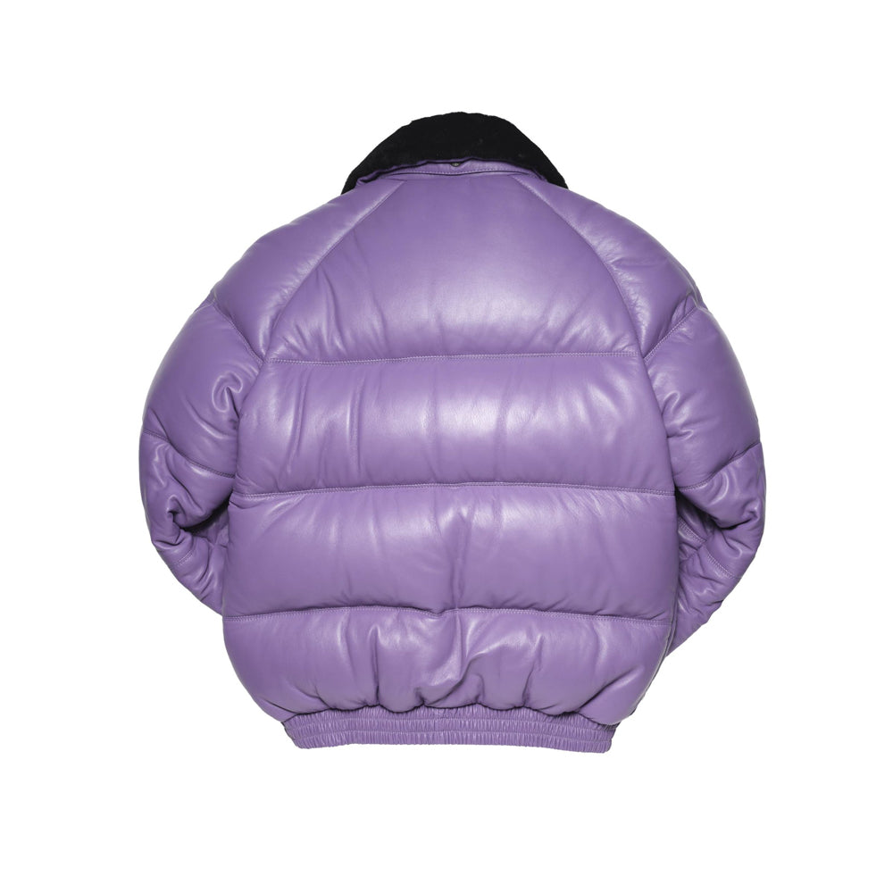 Back view of Double Goose lavender lambskin bomber showing broad horizontal down channels and gathered leather waist.