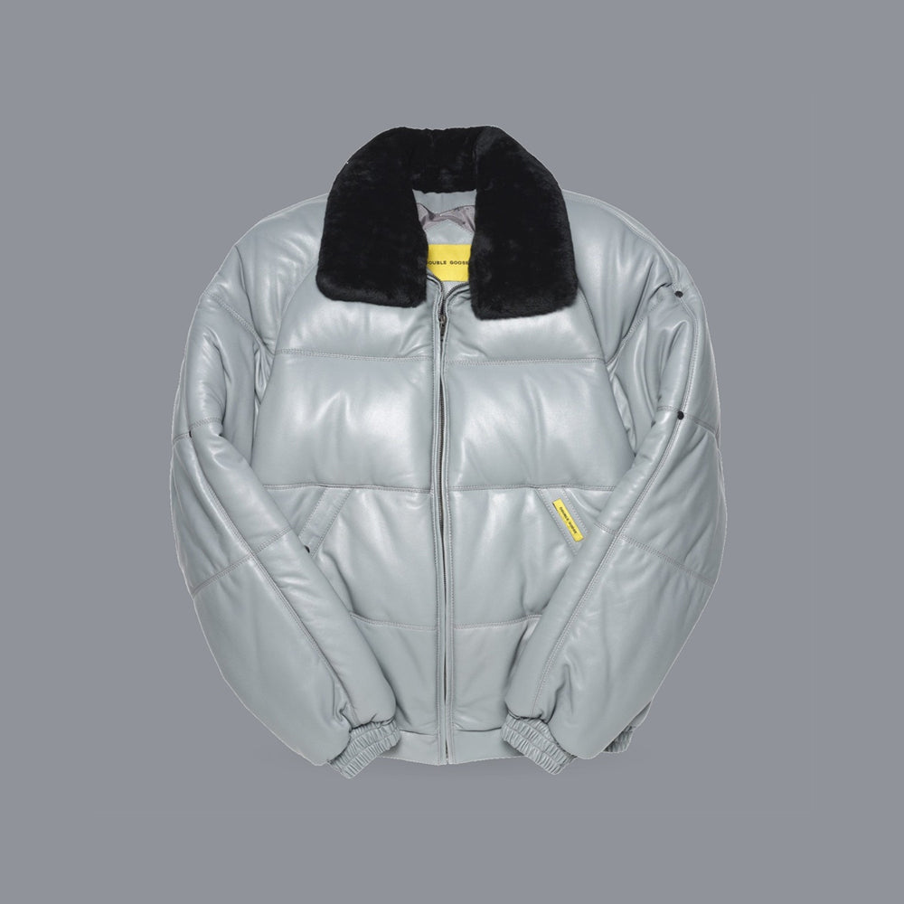 Front view of the Double Goose light grey leather puffer bomber with horizontal quilting and black sheep-wool collar
