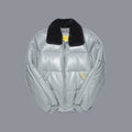 Front view of the Double Goose light grey leather puffer bomber with horizontal quilting and black sheep-wool collar