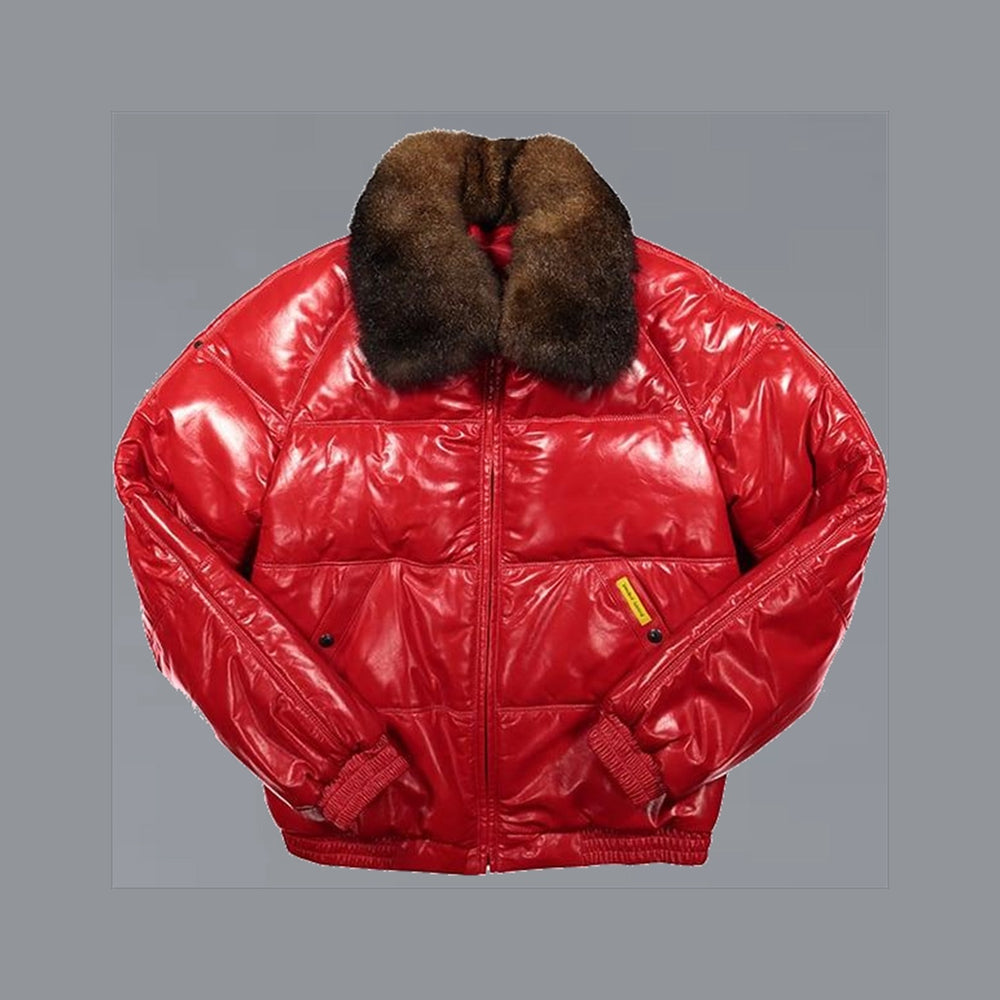 Front view of Double Goose red calfskin straight bomber with horizontal down channels, brown opossum collar and snap welt pockets.