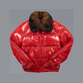 Front view of Double Goose red calfskin straight bomber with horizontal down channels, brown opossum collar and snap welt pockets.