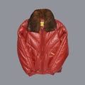 Front view of men’s red Double Goose V-Bomber leather jacket with brown opossum fur collar and chevron quilting