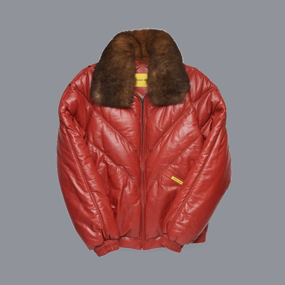 Front view of men’s red Double Goose V-Bomber leather jacket with brown opossum fur collar and chevron quilting