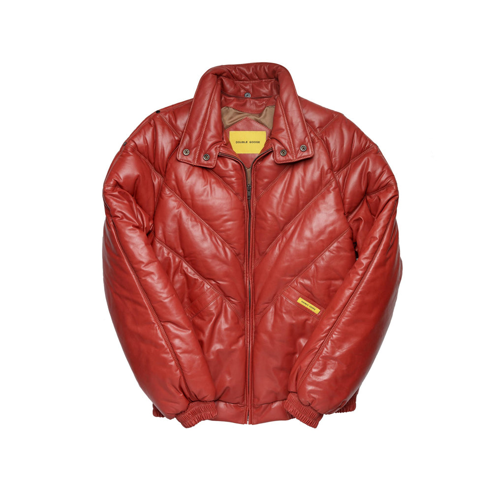 Red Double Goose V-Bomber front with fur removed, padded snap collar, zip closure and angled welt pockets