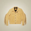 Front view of Dustline men’s sand cowhide nubuck fringe jacket with snap-flap chest pockets and slanted hand pockets