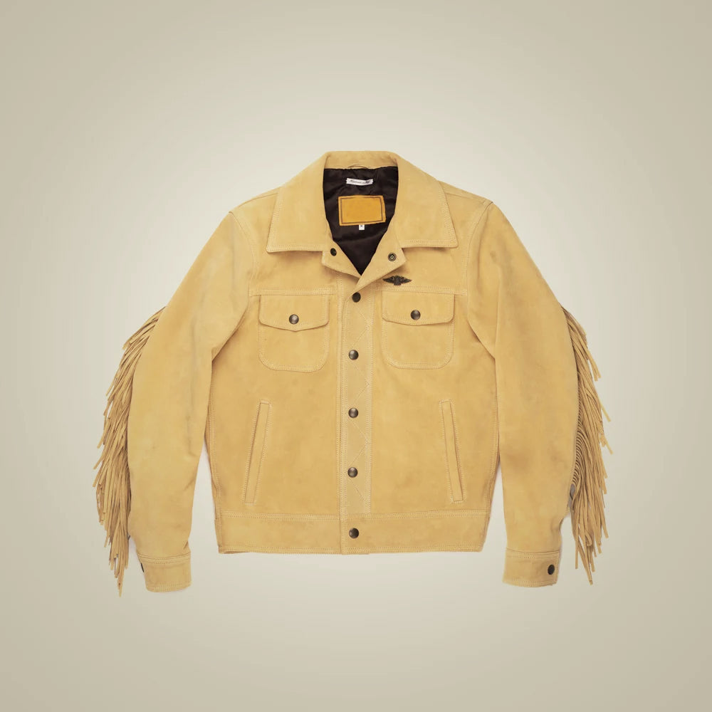 Front view of Dustline men’s sand cowhide nubuck fringe jacket with snap-flap chest pockets and slanted hand pockets