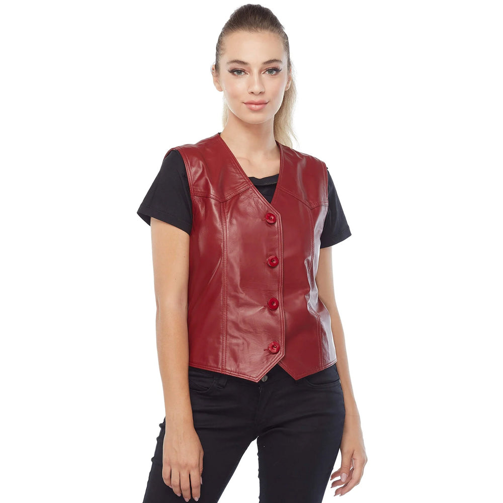 Full upper-body shot of a cropped red leather vest featuring a pointed handkerchief hemline.
