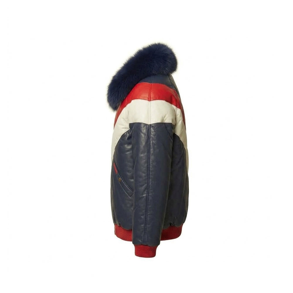 Side profile of men’s navy leather V-bomber with down-filled body, oversized fox-fur collar and color-block shoulder bands