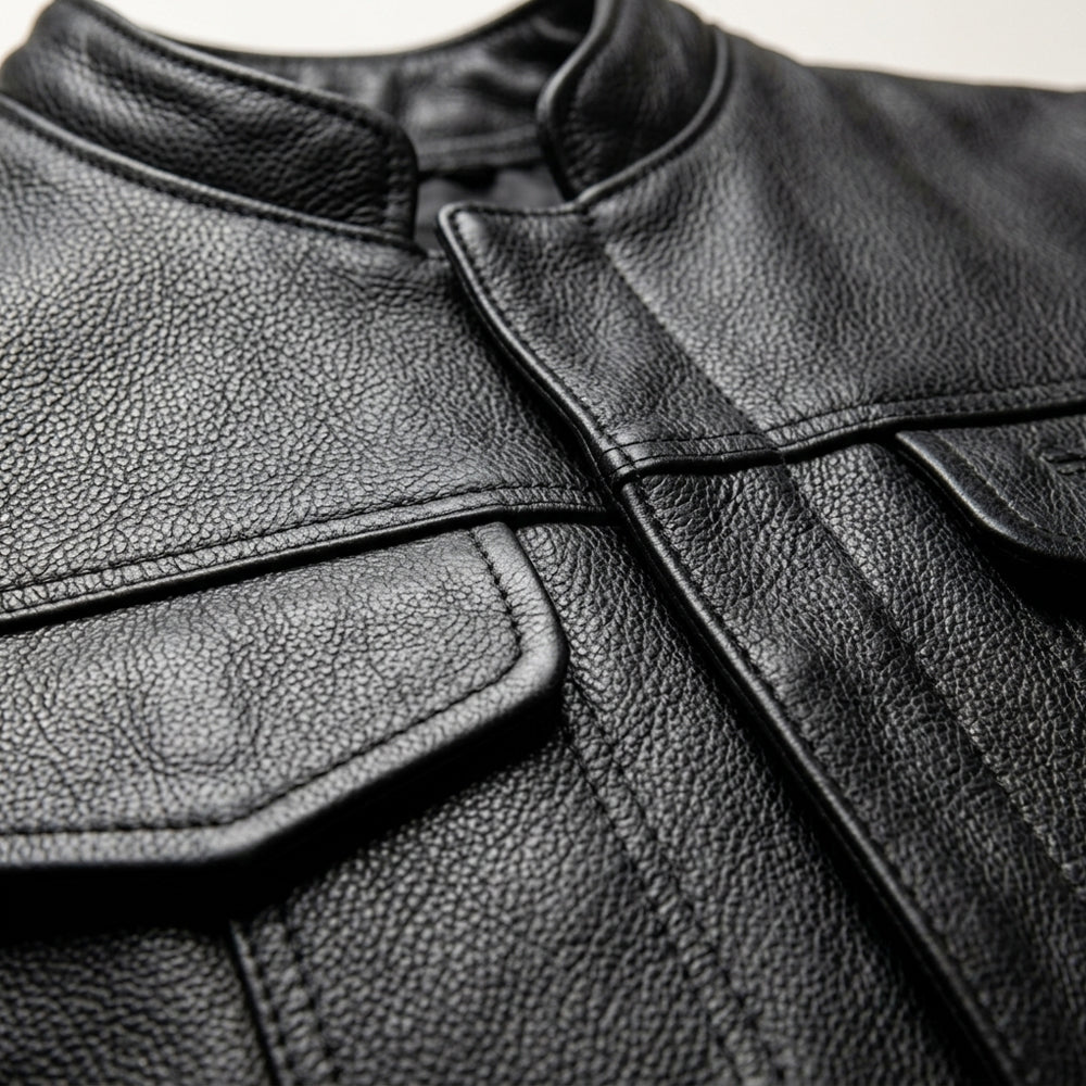 Close-up of genuine buffalo leather grain, padded collar, covered placket and rounded chest pocket flap