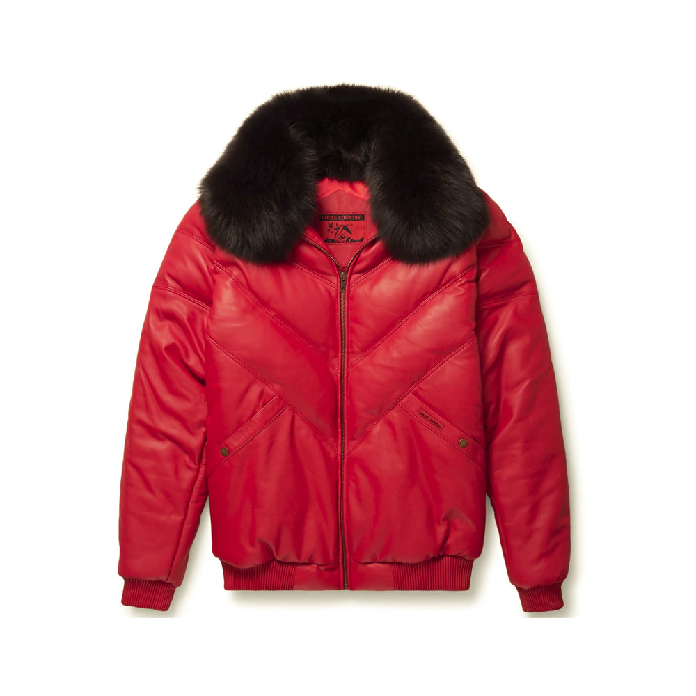 Front view of men’s red Goose Country leather V-bomber with black fox-fur collar, branded logo patches and tonal chevron panels