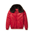 Front view of men’s red Goose Country leather V-bomber with black fox-fur collar, branded logo patches and tonal chevron panels