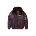 Front view of authentic Goose Country purple leather V-bomber with black fox-fur collar, red logo patches and tonal chevron quilting