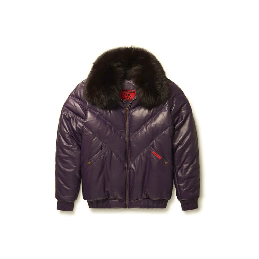 Front view of authentic Goose Country purple leather V-bomber with black fox-fur collar, red logo patches and tonal chevron quilting