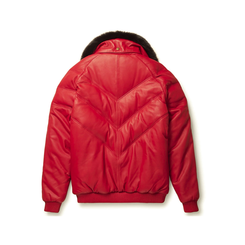 Back view of authentic Goose Country red leather bomber showing stacked V-panel seams, center-back construction and rib-knit waistband