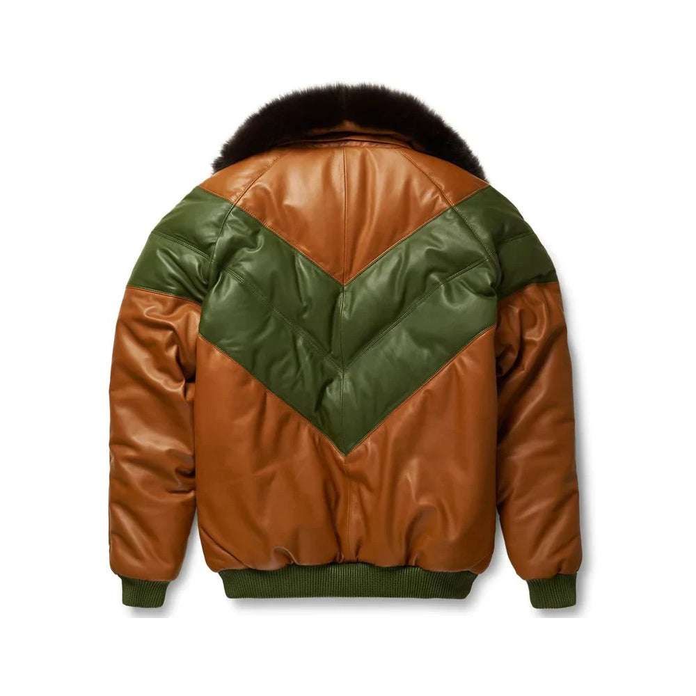 Back view of caramel and olive Goose Country leather V-Bomber with chevron panels