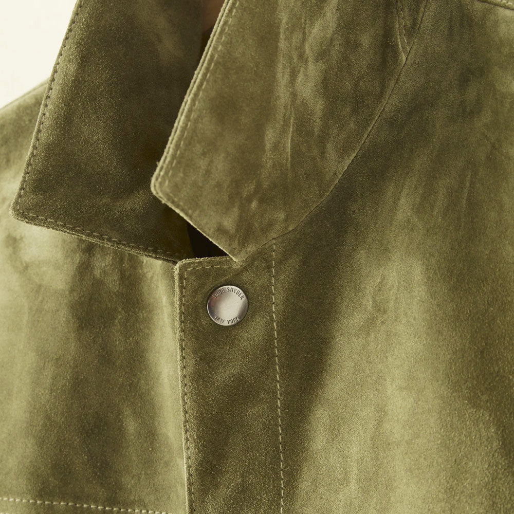 Brushed green suede jacket showing pointed collar, tonal stitching and metal snap closure