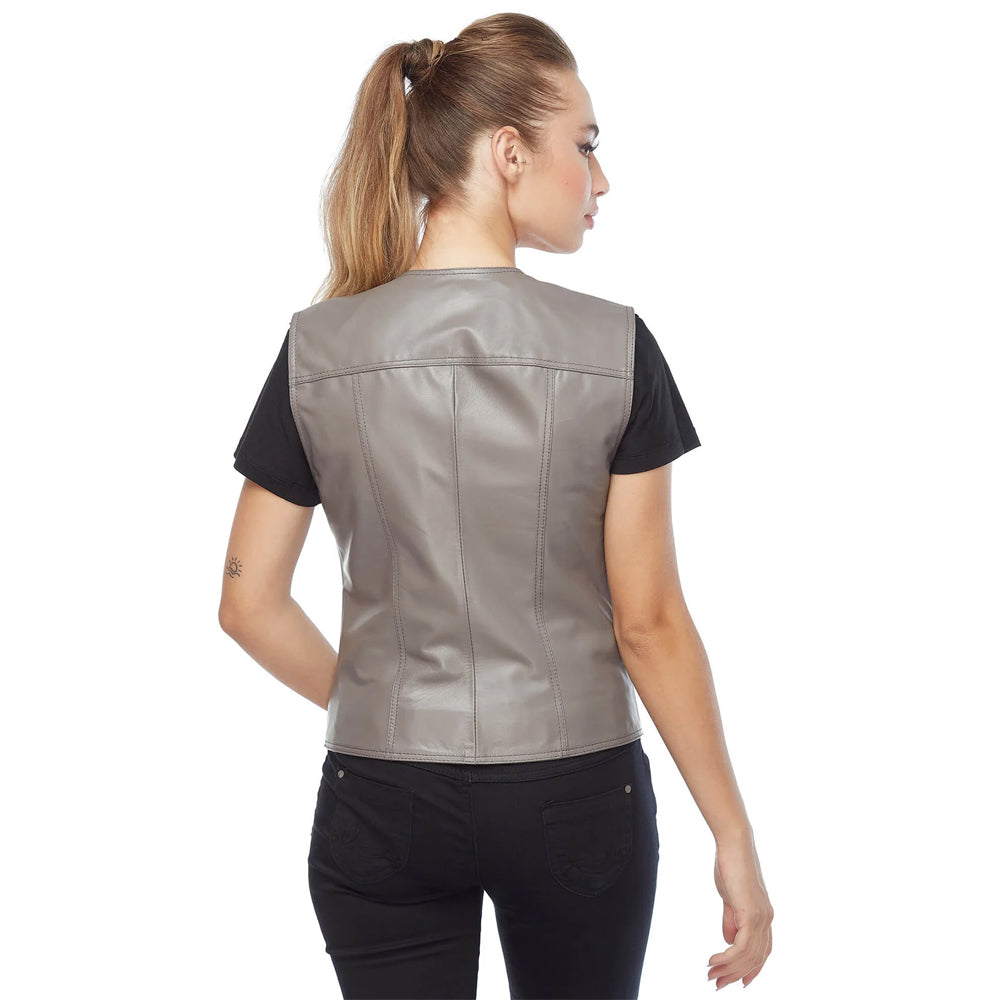 Rear view of women's slate grey leather vest displaying structured back seams and topstitching.