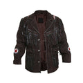 Front view of Iron Mesa men’s chocolate-brown suede cowboy jacket with beadwork, concho buttons and layered fringe