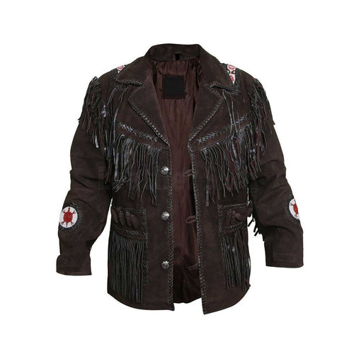 Front view of Iron Mesa men’s chocolate-brown suede cowboy jacket with beadwork, concho buttons and layered fringe