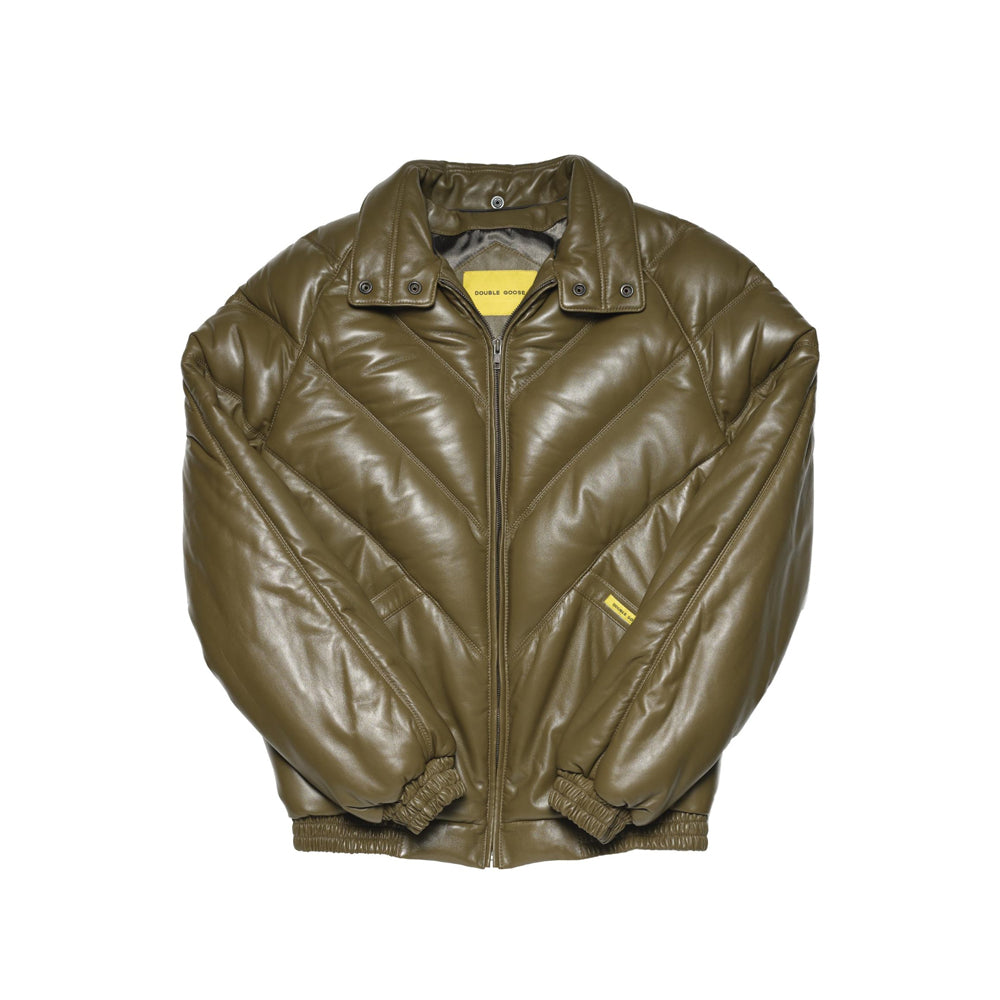 Khaki V-cut leather bomber without removable wool trim, showing padded snap collar, cuffs and angled pockets
