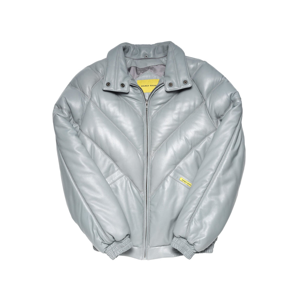 Light grey V-cut leather bomber without the removable wool trim, showing snap collar, pockets and elastic cuffs
