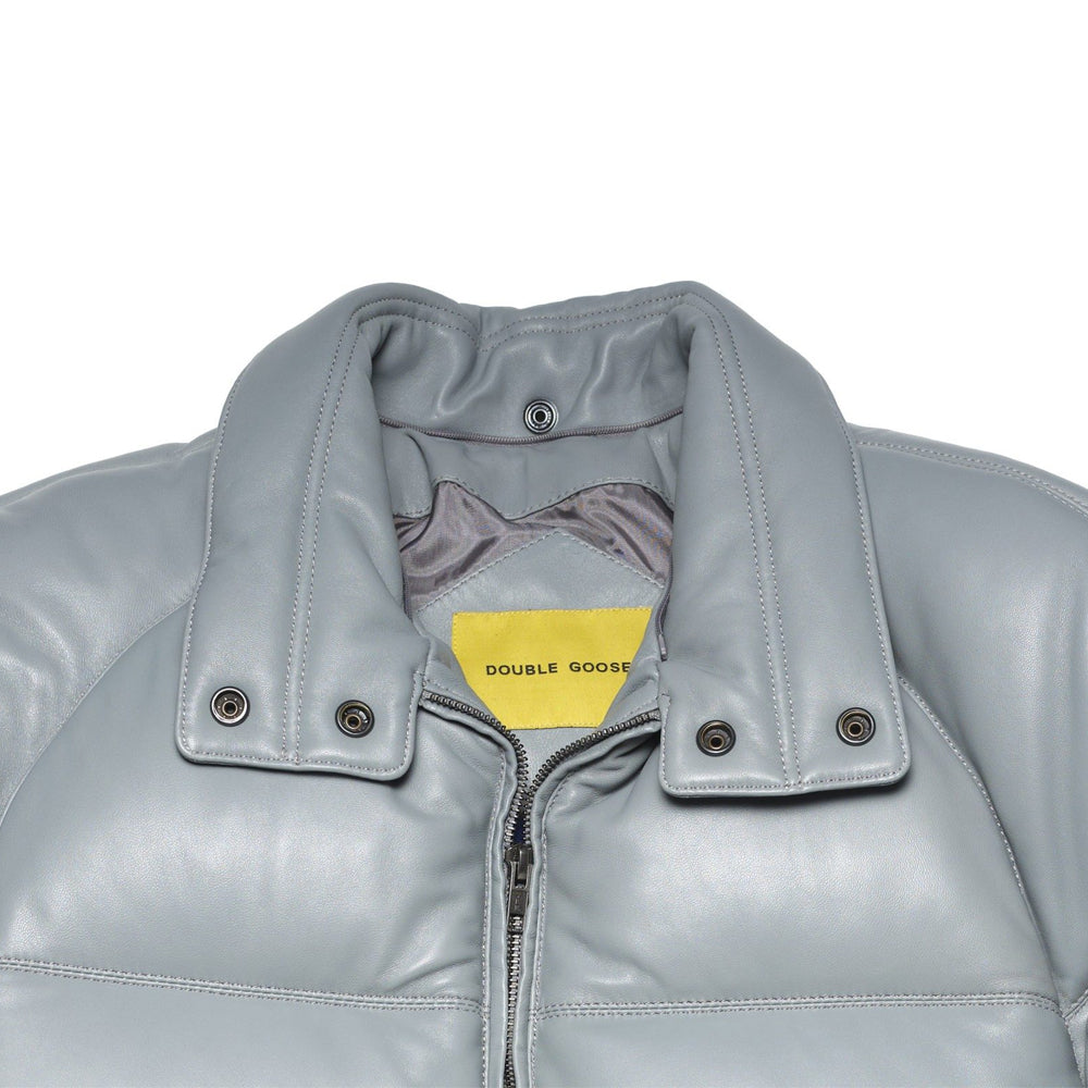 Padded light grey leather collar with snap fasteners, tonal satin lining and Double Goose neck branding