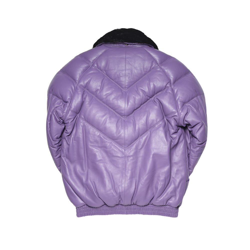 Rear view of lilac leather V-Bomber showing stacked padded chevrons, center seam and elasticated waistband