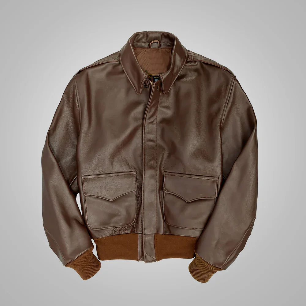 Front view of men’s A-2 leather flight jacket in dark brown sheepskin