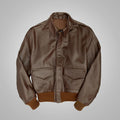 Front view of men’s A-2 leather flight jacket in dark brown sheepskin