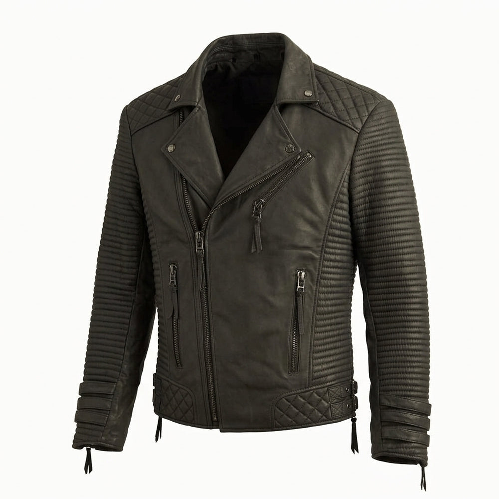 Angled view of men’s asymmetrical leather motorcycle jacket with three exterior zip pockets