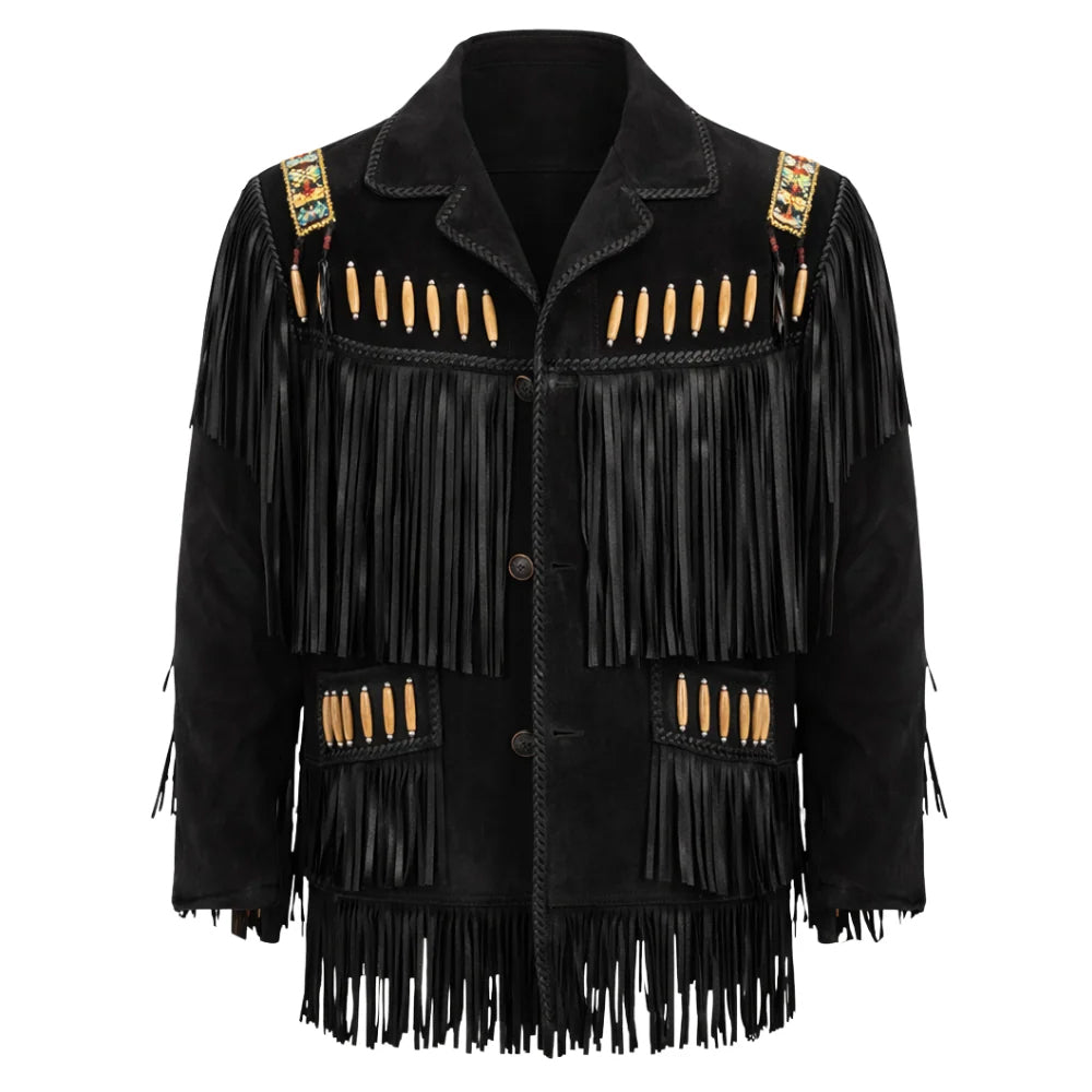 Front product view of men’s black boar suede Western jacket with bone beads, chest fringe and wooden buttons