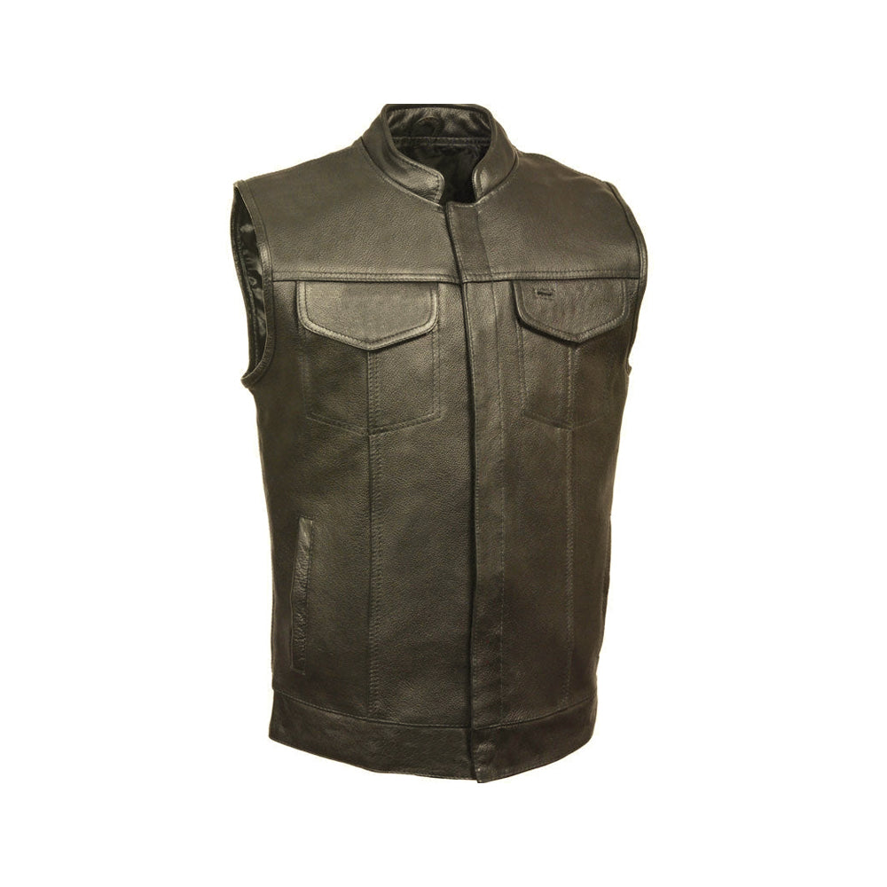 Men’s black buffalo motorcycle utility vest with stand collar, covered snap placket and four exterior pockets