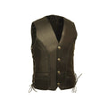 Men’s black buffalo leather biker vest with antique snap front, curved braided trim and adjustable side laces
