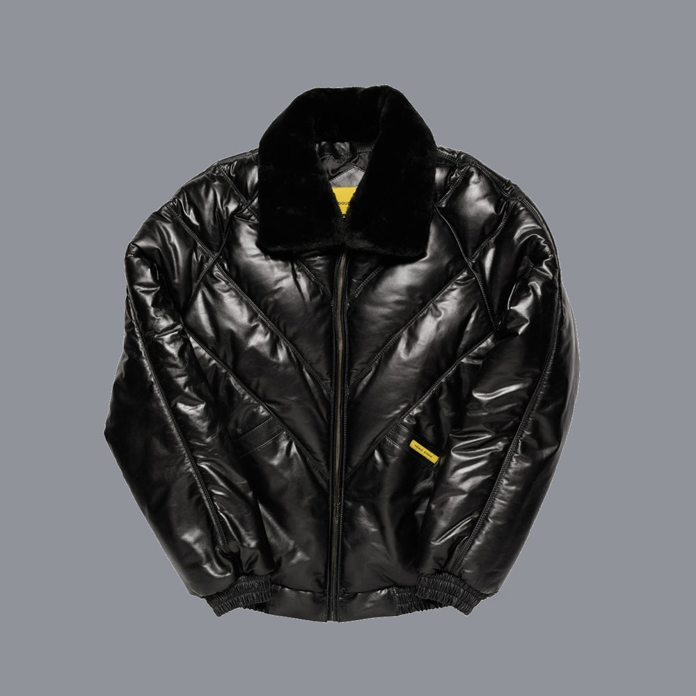 Men’s black calfskin V-bomber front with dark opossum-fur collar, chevron down panels, zipper and welt pockets