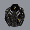 Men’s black calfskin V-bomber front with dark opossum-fur collar, chevron down panels, zipper and welt pockets
