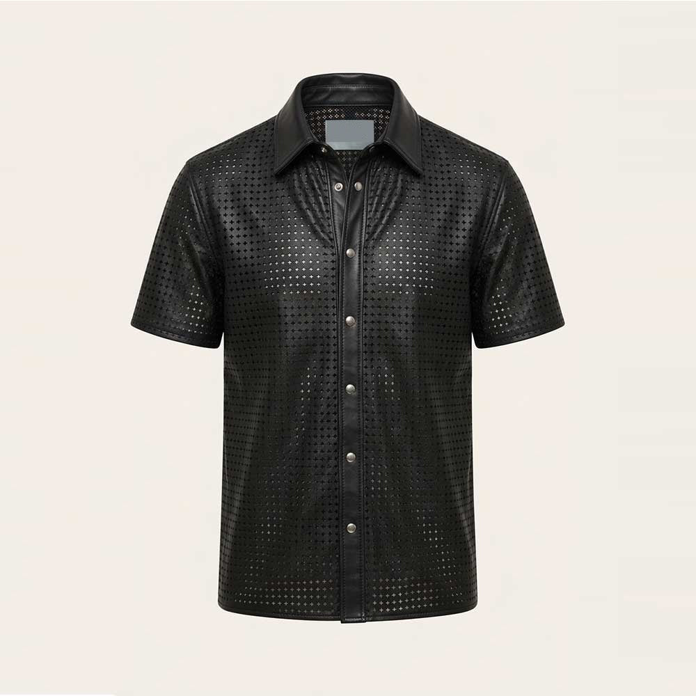 Front view of men’s black perforated sheepskin leather shirt with silver snaps and solid point collar