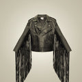Front view of men’s black sheepskin moto jacket with asymmetrical YKK zipper and extra-long sleeve fringe