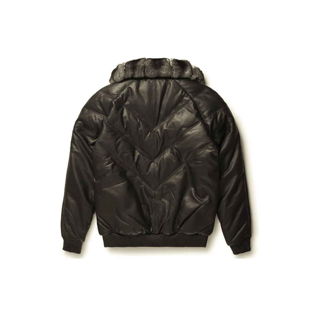 Rear view of men’s black Goose Country down bomber with layered tonal chevrons, center seam and rib-knit waistband