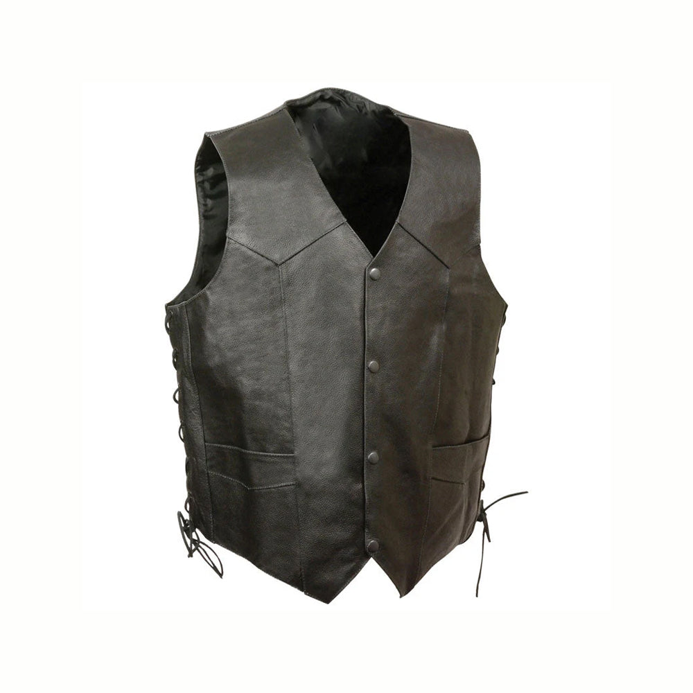 Men’s black sheep leather club vest with deep V-neck, four dark snaps, lower welt pockets and side lacing