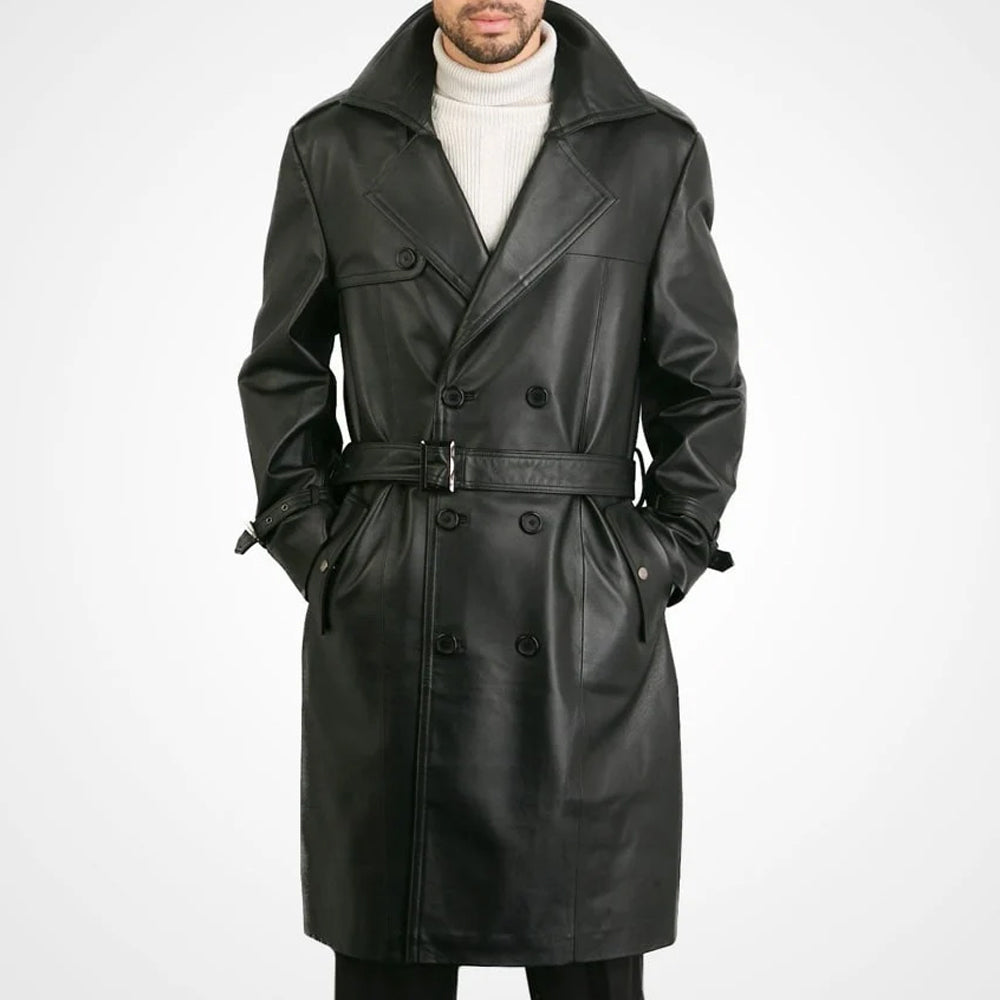 Front view of a men’s black leather trench coat with double-breasted buttons and waist belt.