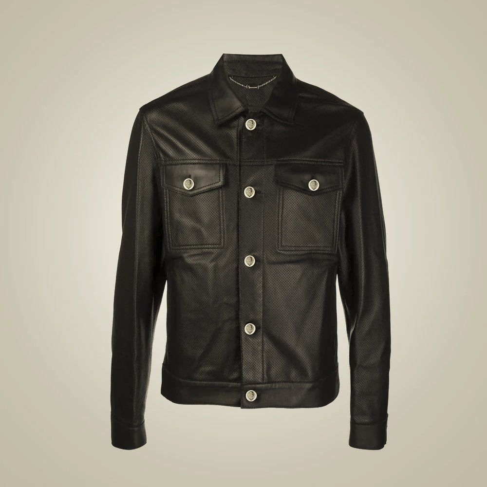 Front view of men’s black perforated leather utility shacket with silver-tone buttons and two flap chest pockets
