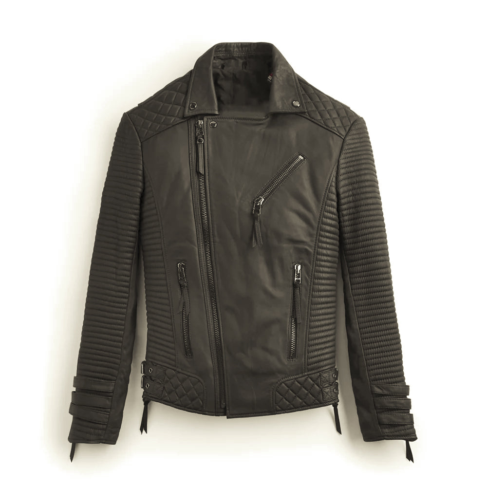 Front view of men’s black quilted sheepskin biker jacket with asymmetric YKK zipper