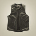 Men’s black sheepskin outlaw vest with collarless neckline, full zipper and three exterior zip pockets