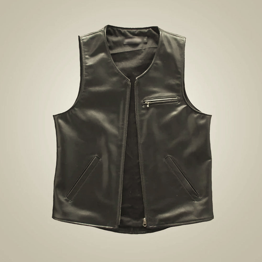 Men’s black sheepskin outlaw vest with collarless neckline, full zipper and three exterior zip pockets