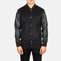 Front view of men’s black wool varsity jacket with genuine leather sleeves and silver snap closure