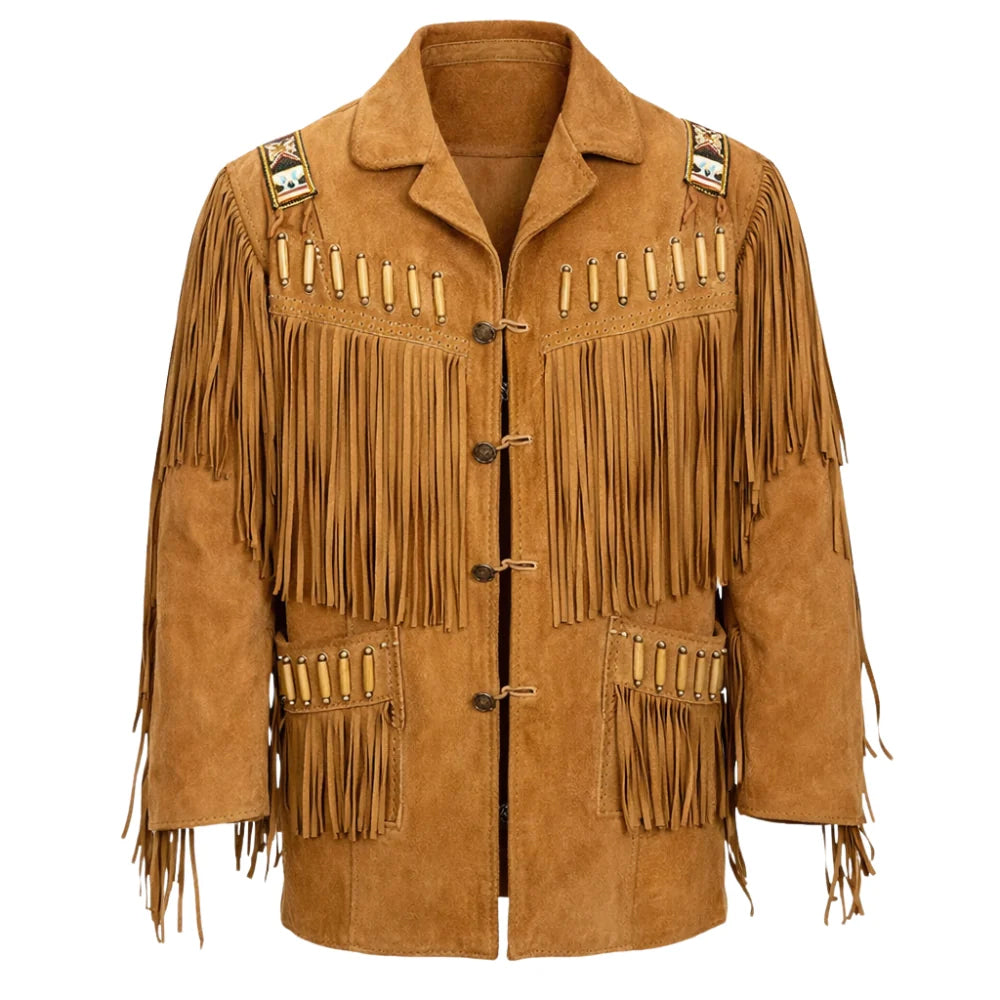 Front product view of men’s bourbon boar suede fringe jacket with bone beads, wooden closures and fringed patch pockets