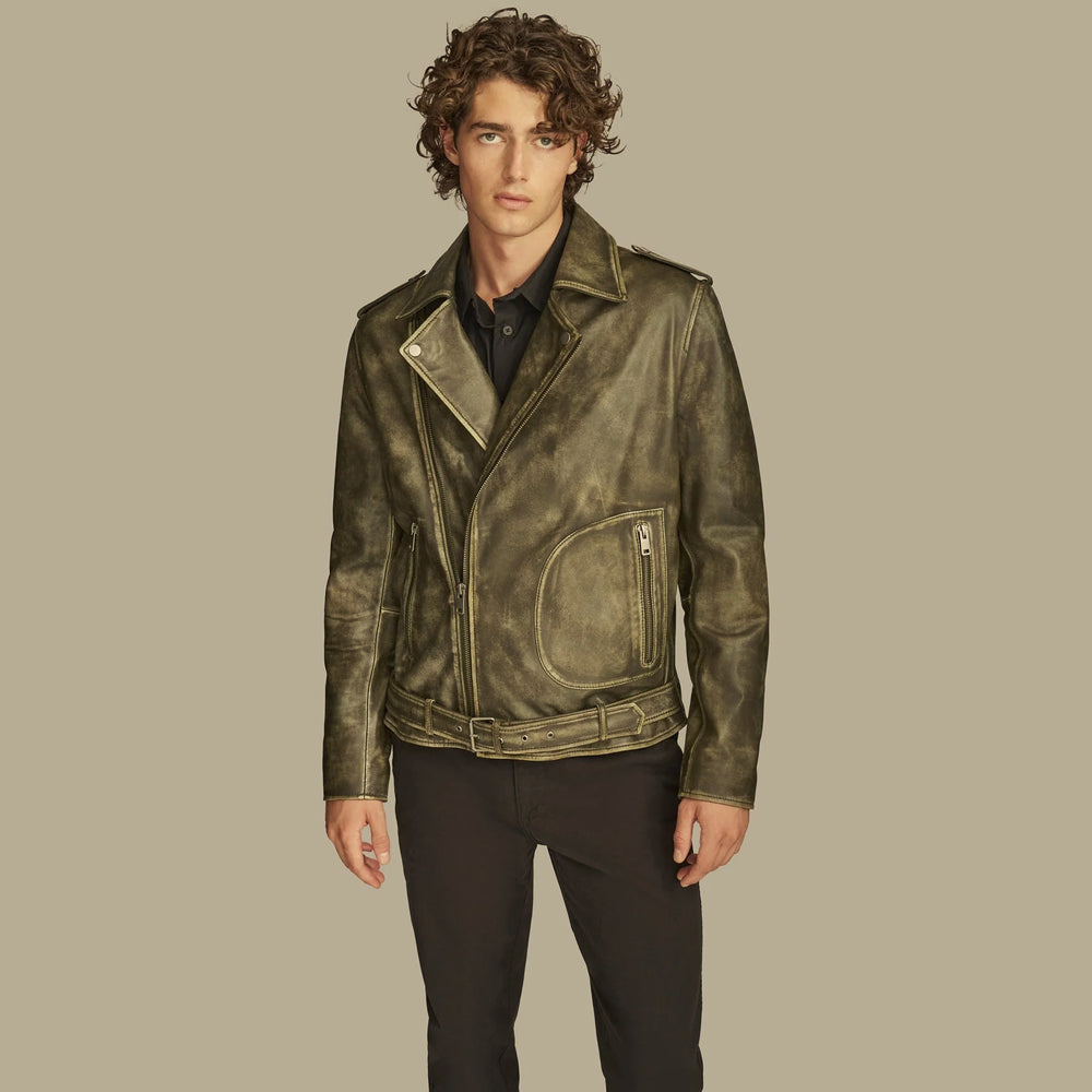 Front view of men’s distressed brown cowhide double-rider jacket with asymmetrical zipper and waist belt