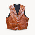 Men’s brown buffalo Western leather vest with stepped notched lapels, nickel snaps and horizontal welt pockets