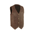 Men’s brown concealed carry leather vest with deep V-neck, buffalo nickel snaps and four lower storage pockets