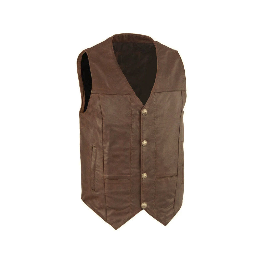 Men’s brown concealed carry leather vest with deep V-neck, buffalo nickel snaps and four lower storage pockets